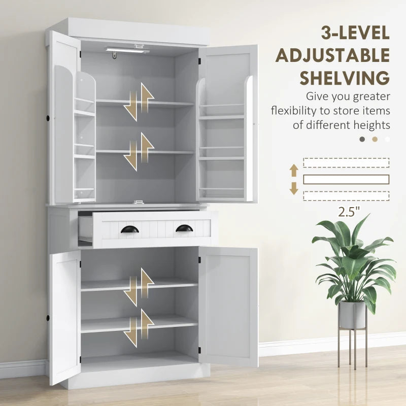 71" Kitchen Pantry Cabinet with LED Lights, 6 Spice Racks, a Drawer and 4 Adjustable Shelves, White