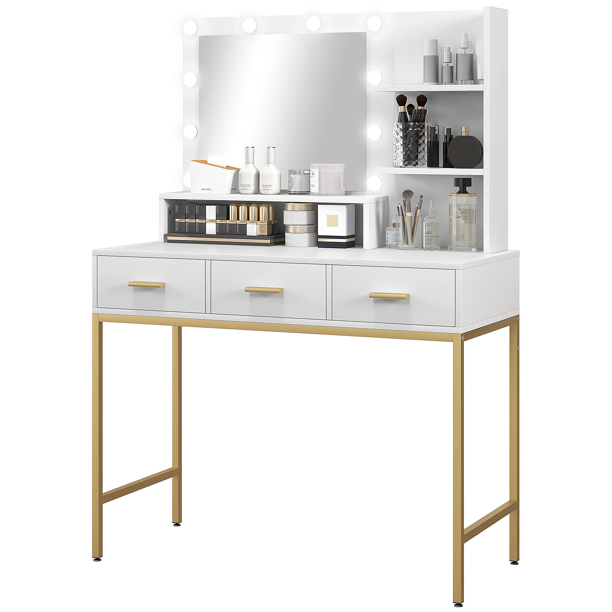 HOMCOM Illuminated Dressing Table, LED Vanity Table with Mirror, 3 Drawers and Storage Shelves for Bedroom, White 
