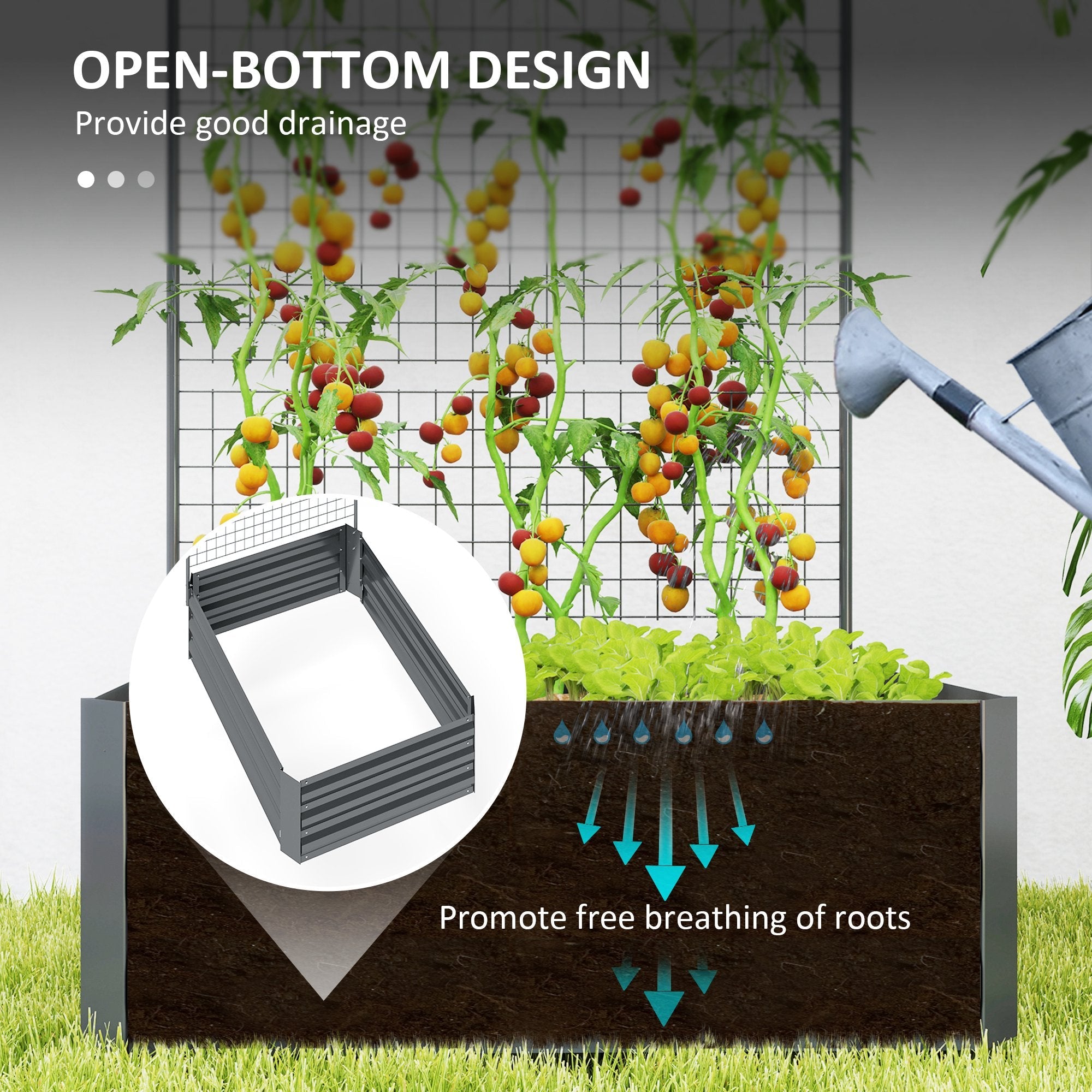 Outsunny Galvanized Raised Garden Bed with Trellis for Climbing Plants, Outdoor Planter Box with Open Bottom, Dark Grey 