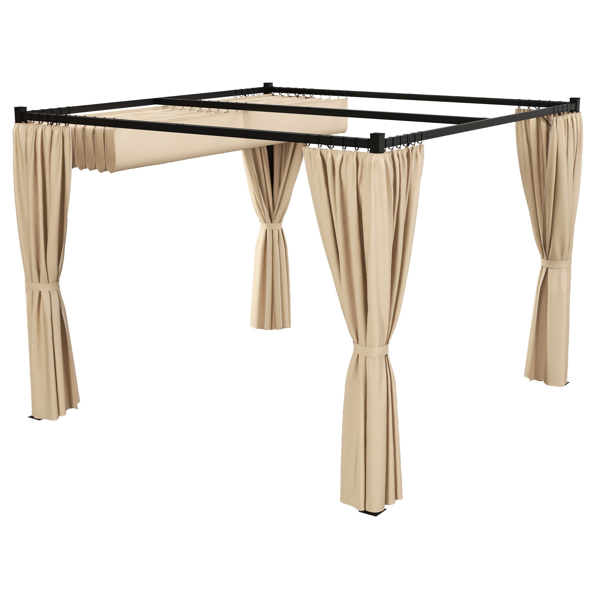 Outsunny 10' x 10' Retractable Pergola, Garden Gazebo Shelter with Curtains, for Grill, Patio, Deck, Beige 