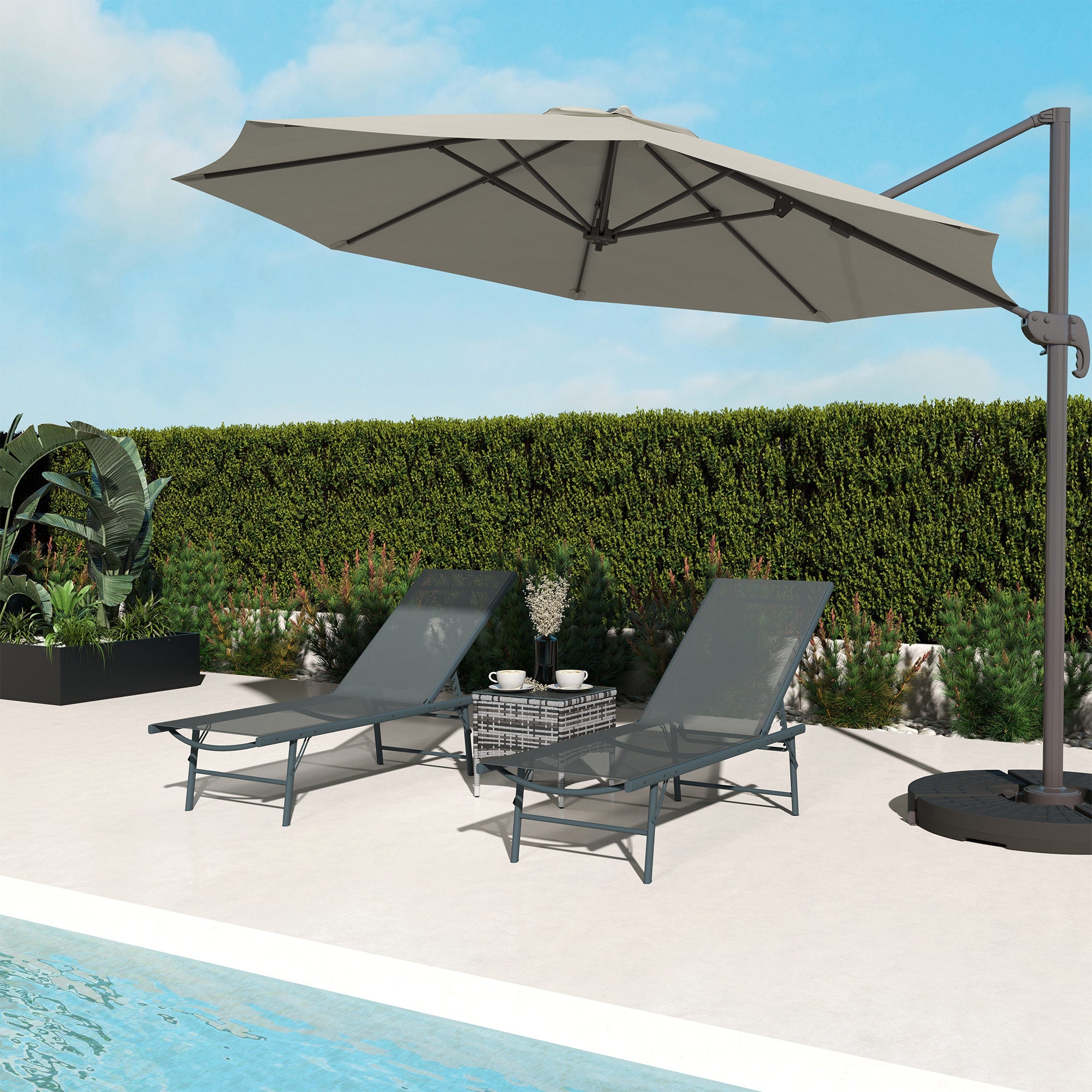 Outsunny 2 Pieces Folding Outdoor Lounge Chairs, Reclining Chaise Lounge Tanning Chair w/ Adjustable Back, Mesh Seat, Light Grey 