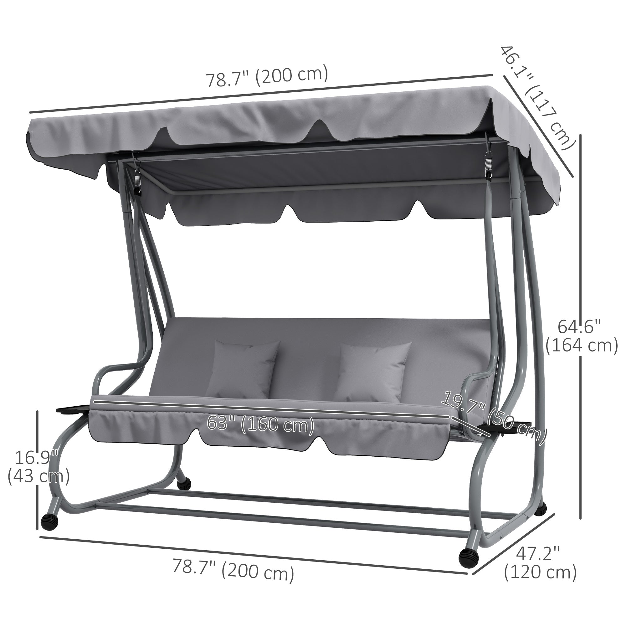 Outsunny Outdoor 3-Seater Patio Swing Chair, Outdoor Swing Seat, with Adjustable Canopy and Two Pillows for Garden, Light Grey 