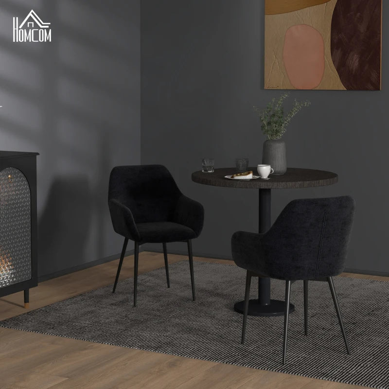 Dining Chairs Set of 2, Velvet-look Fabric Upholstered Kitchen Chairs with Backrest, Armrests and Steel Legs, Black