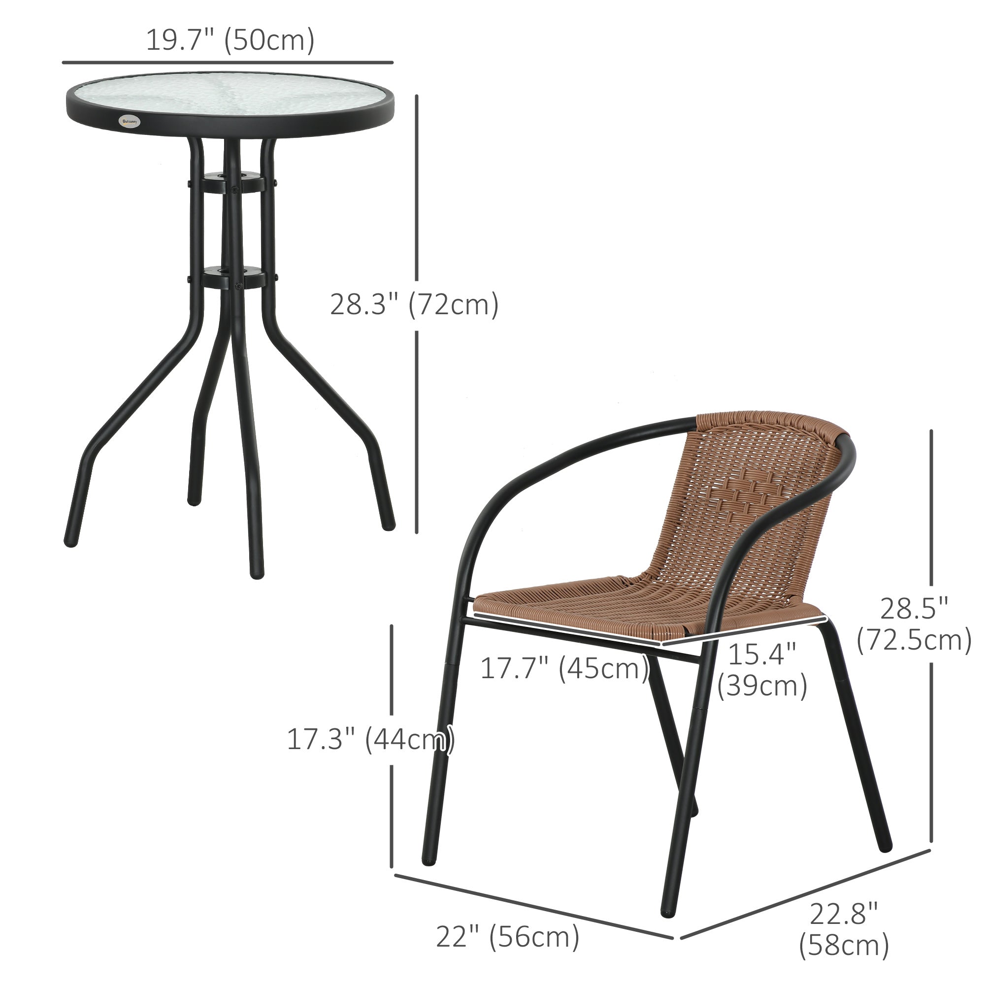 Outsunny 3 Pieces Outdoor Wicker Furniture Set with 2 Stackable Chairs, Tempered Glass Coffee Table for Garden, Backyard, Brown 