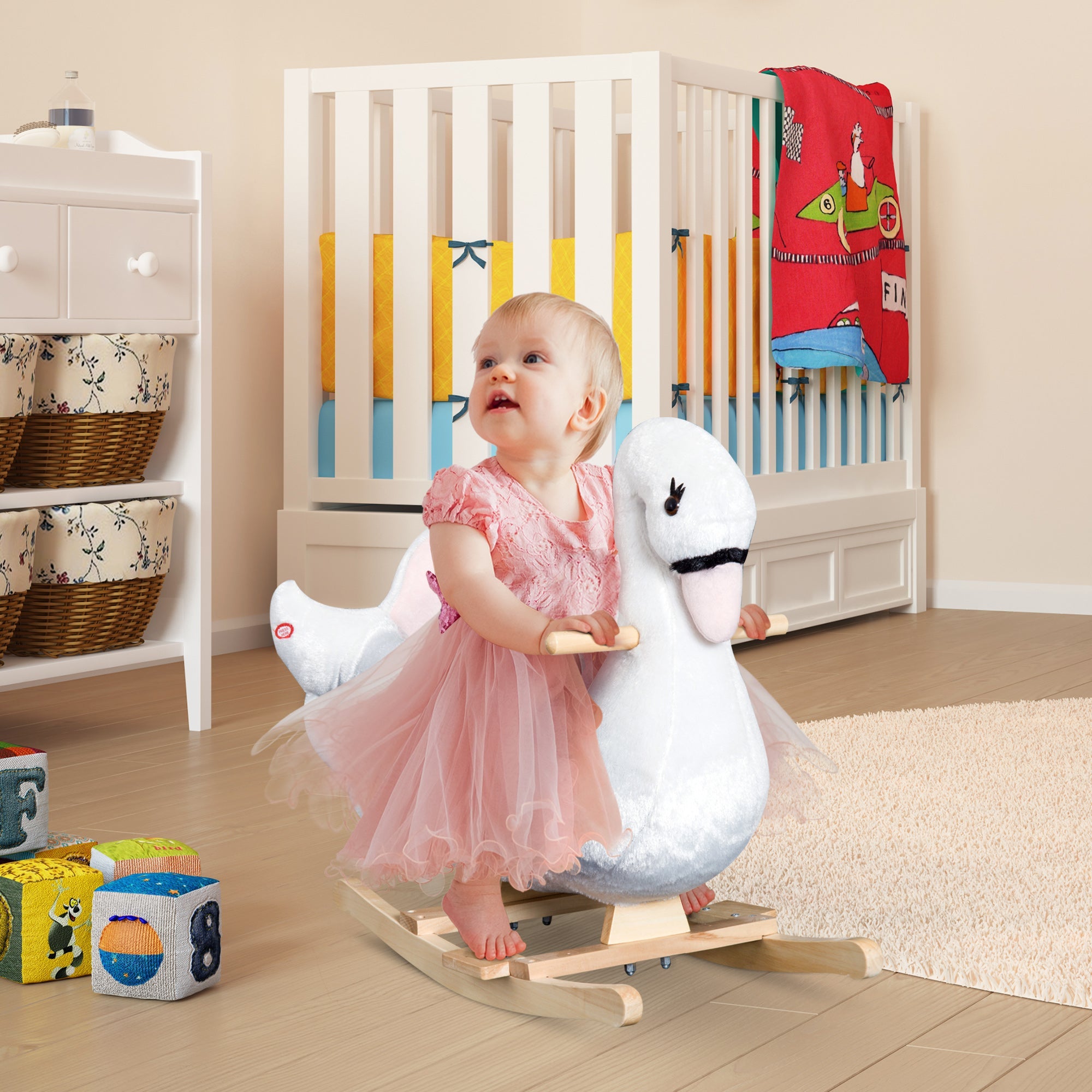 Qaba Plush Swan Rocking Horse for Kids - Soft & Warm Ride-On Toy with Lullaby Song, Perfect Gift for Ages 18 Months & Up 