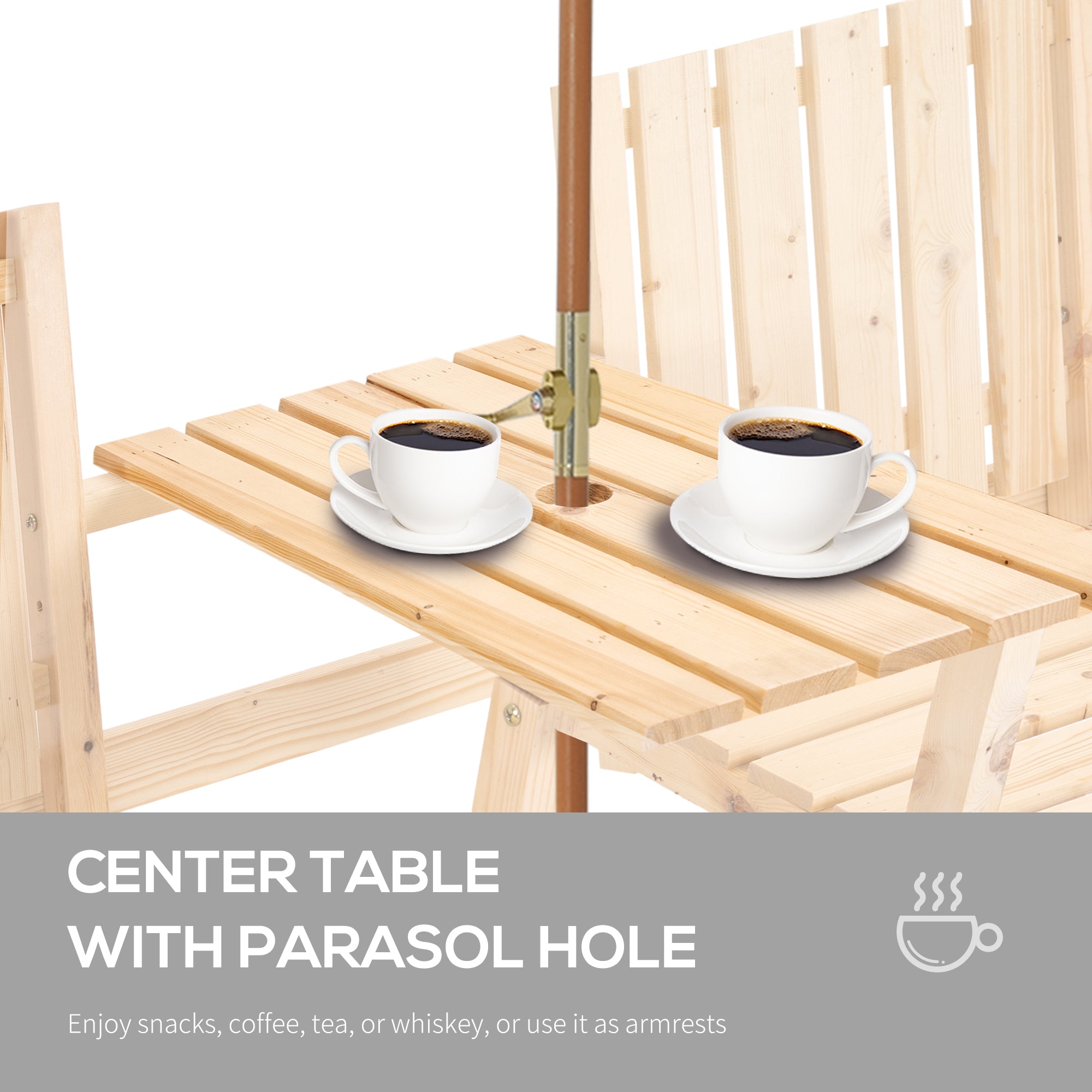Outsunny Garden Bench for 2 Persons with Middle Table and Umbrella Hole, 2-Seater Outdoor Wooden Bench with Slat Design, Natural 