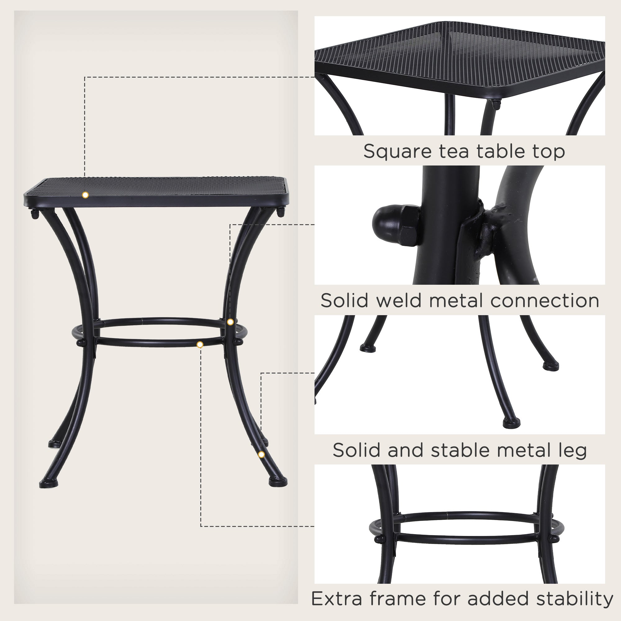 Outsunny 18"x18"x20" Square Metal Bistro Table, Stylish Outdoor Patio Coffee Side Desk, Weather-Resistant, Black 