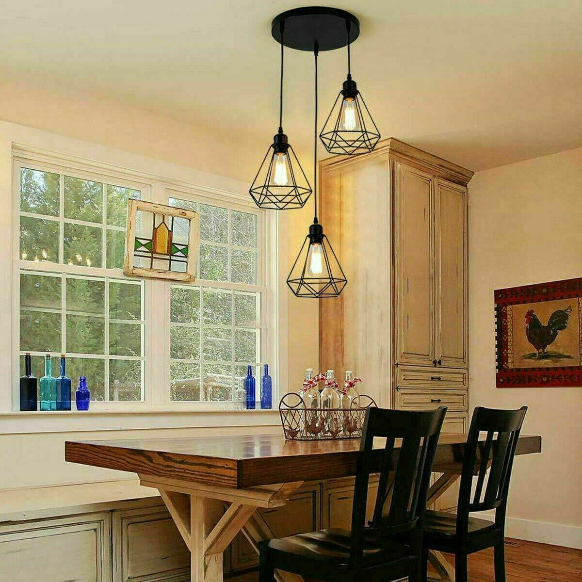 3-Lights Industrial Geometric Cage Hanging Pendant Light Fixture~1178