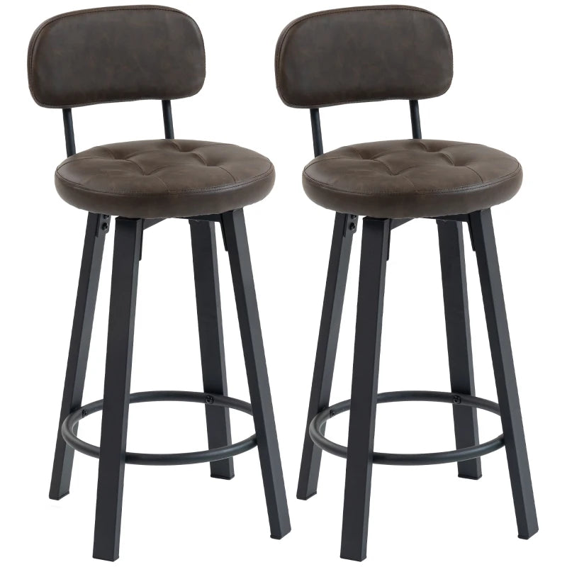 Bar Stools Set of 2, Upholstered Breakfast Bar Chairs with Footrest and Backrest for Kitchen Counter, Brown