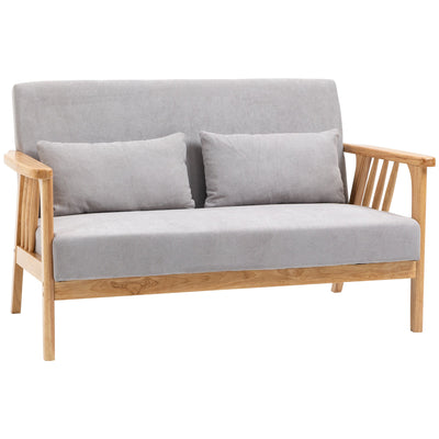 HOMCOM Loveseat Sofa 55" 2-Seater Upholstered 2 Throw Cushions Rubber Wood Frame Grey 
