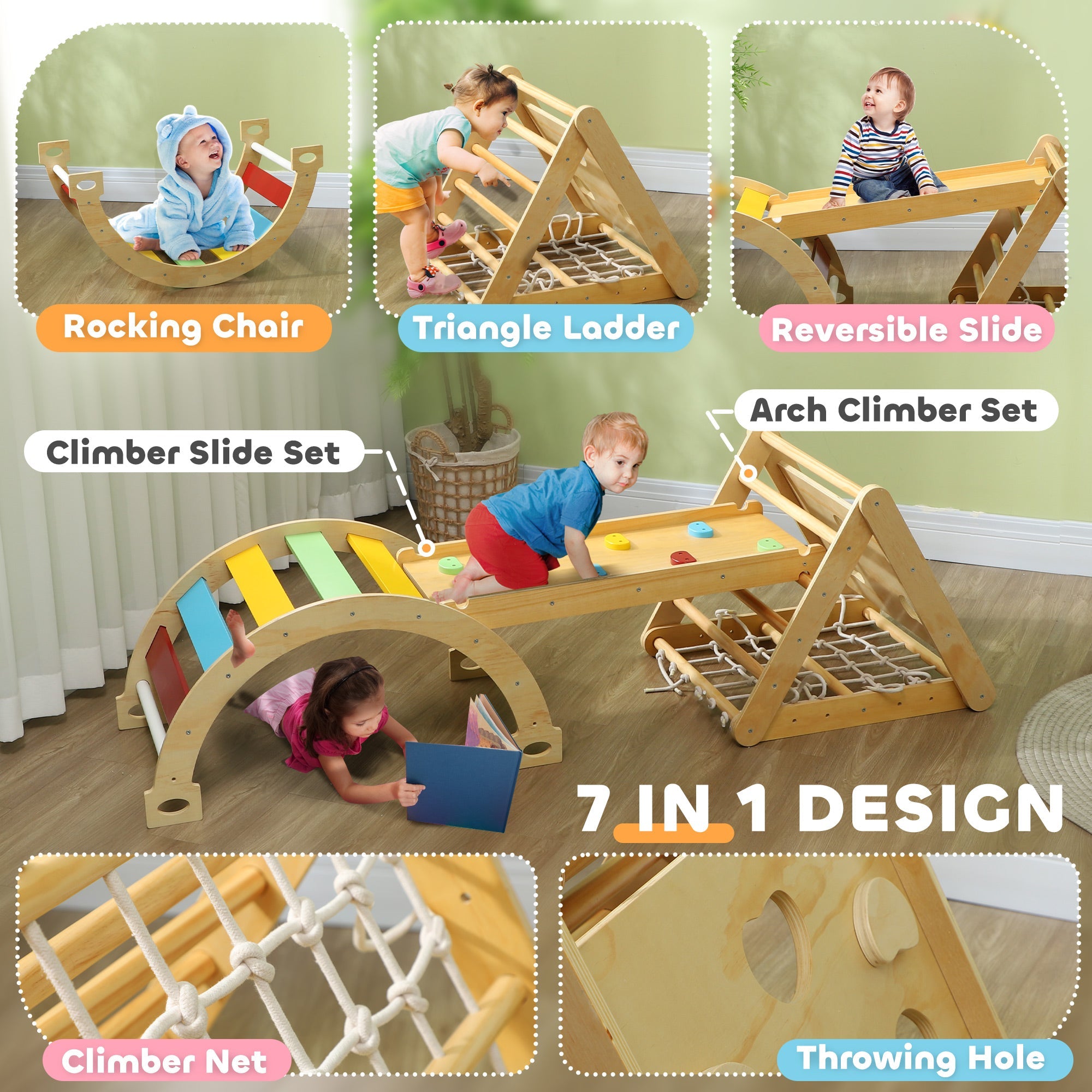 Qaba 7 in 1 Pikler Triangle Set with Ramp, Arch Ladder, for 18-48 Months, Multicolour 