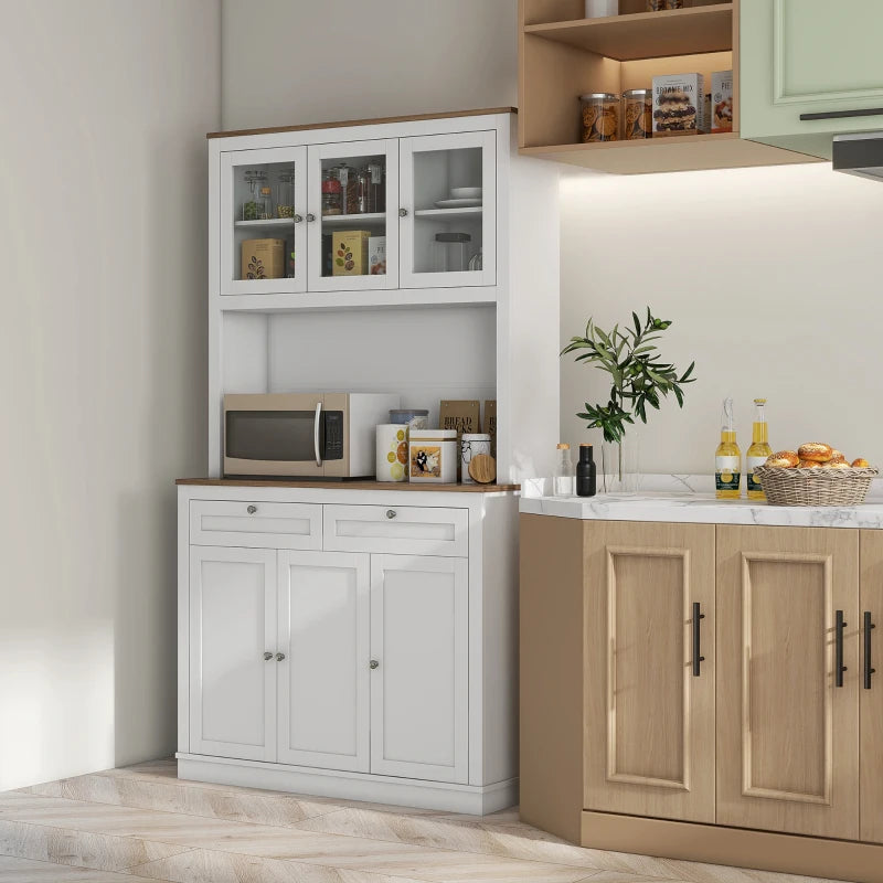 71" Kitchen Pantry Cabinet Small Glass-Door Dining Cabinet with Drawers Adjustable Shelves Microwave Space White