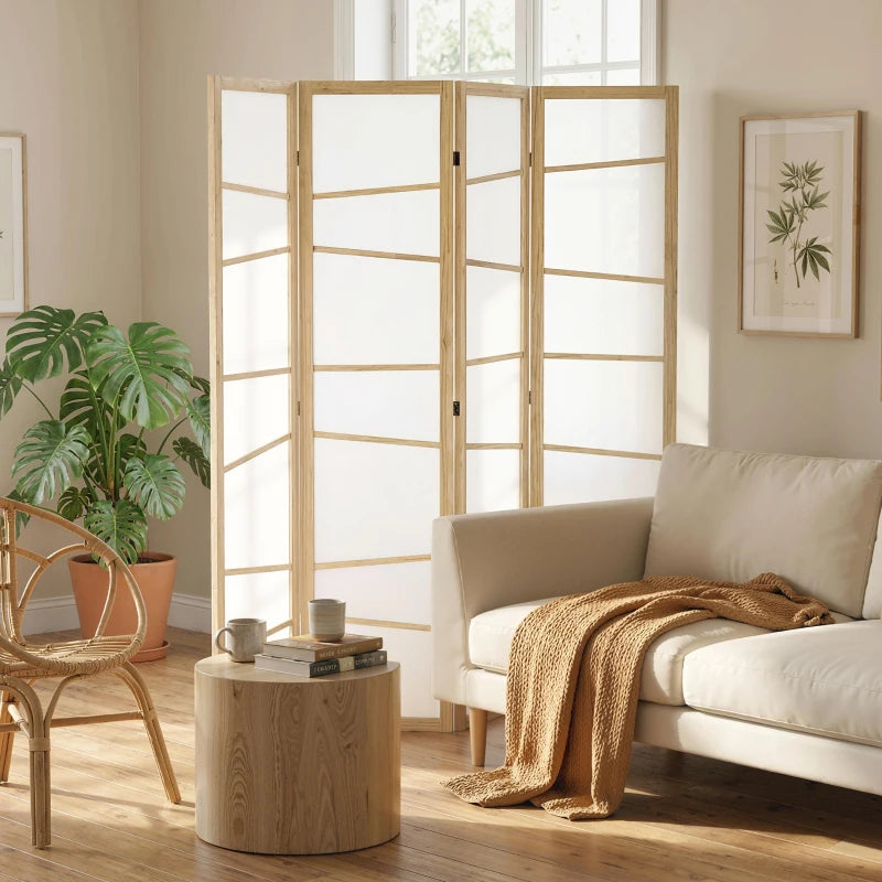 66.9" Folding Room Divider, 4 Panel Wall Partition with Wood Frame for Bedroom, Home Office, Natural Wood