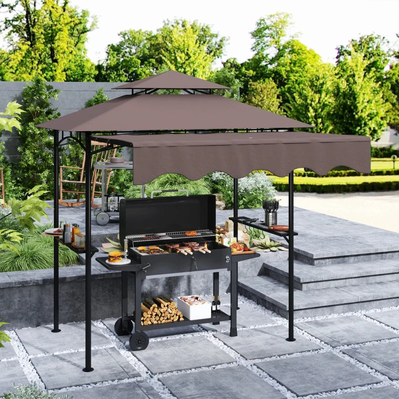 8' x 7.6' Grill Gazebo, Double Tiered Barbecue Grill Gazebo Shelter w/ Side Awning, 2 Side Shelves, 6 Hooks, Brown