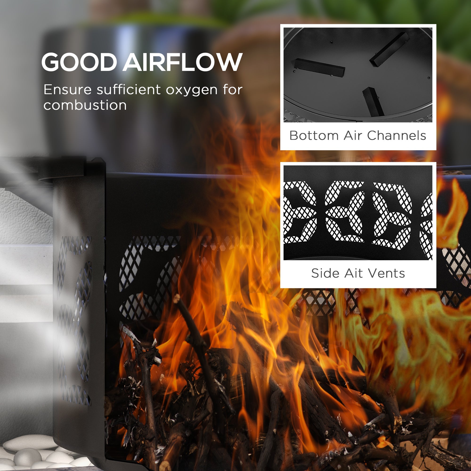 Outsunny Portable Fire Pit BBQ Grill Wood Burning Adjustable Grate Poker 33" Black 