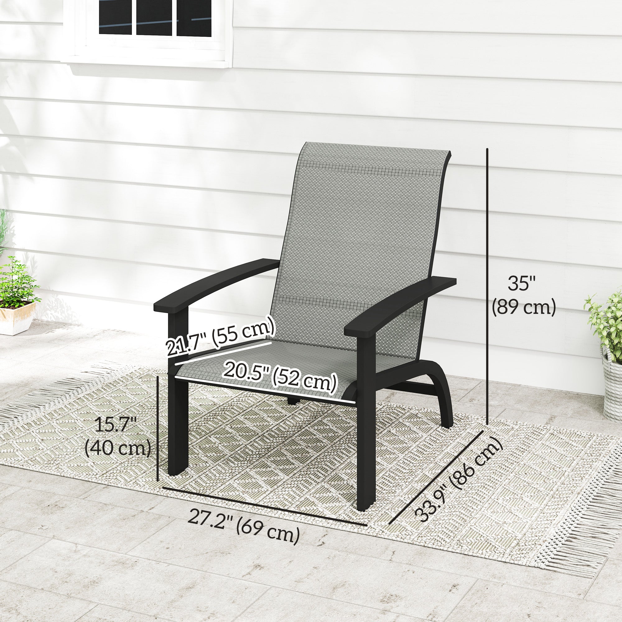 Outsunny Outdoor Adirondack Chair Muskoka Chair with Aluminum Frame, Mesh Seat, High Back for Garden, Deck, Dark Grey 