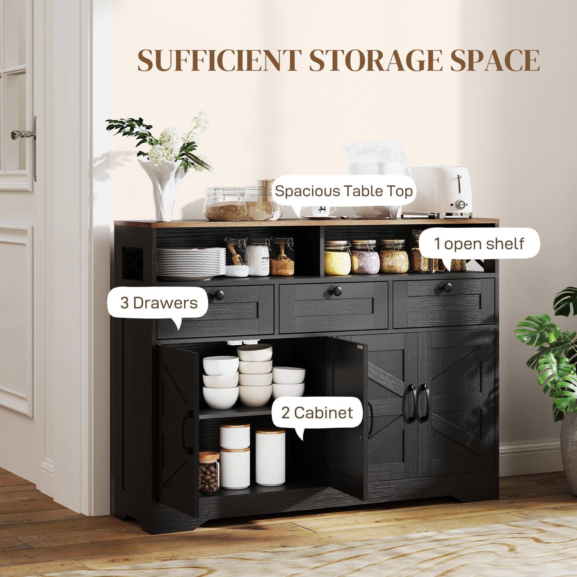 HOMCOM Sideboard, Buffet Cabinet with 4 Barn Doors and 3 Drawers, Coffee Bar Cabinet with Adjustable Shelves, Black 