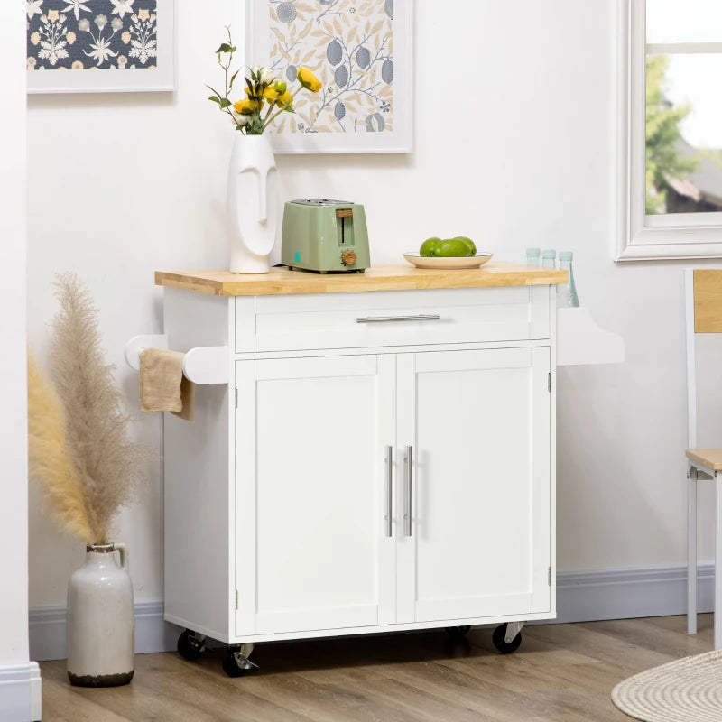Kitchen Island with Storage, Rolling Cart Trolley with Rubberwood Top, Adjustable Shelf, Drawer, Spice Rack, White