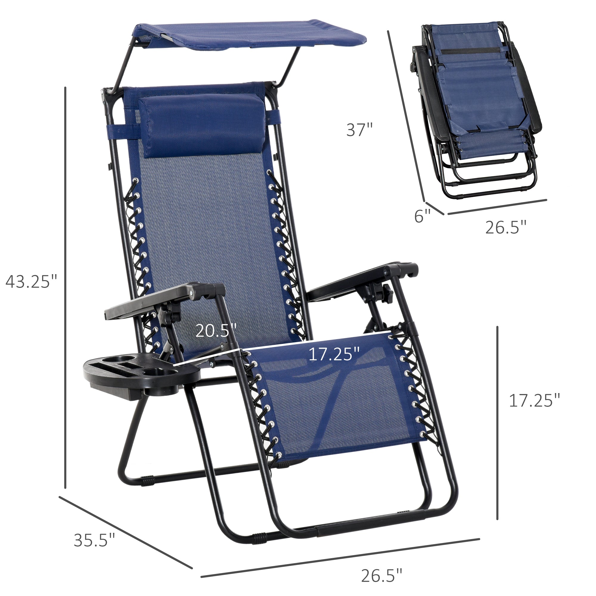 Outsunny Zero Gravity Chair 2pc Adjustable Patio Lounge Recliner with Cup Holder Canopy Shade Blue 