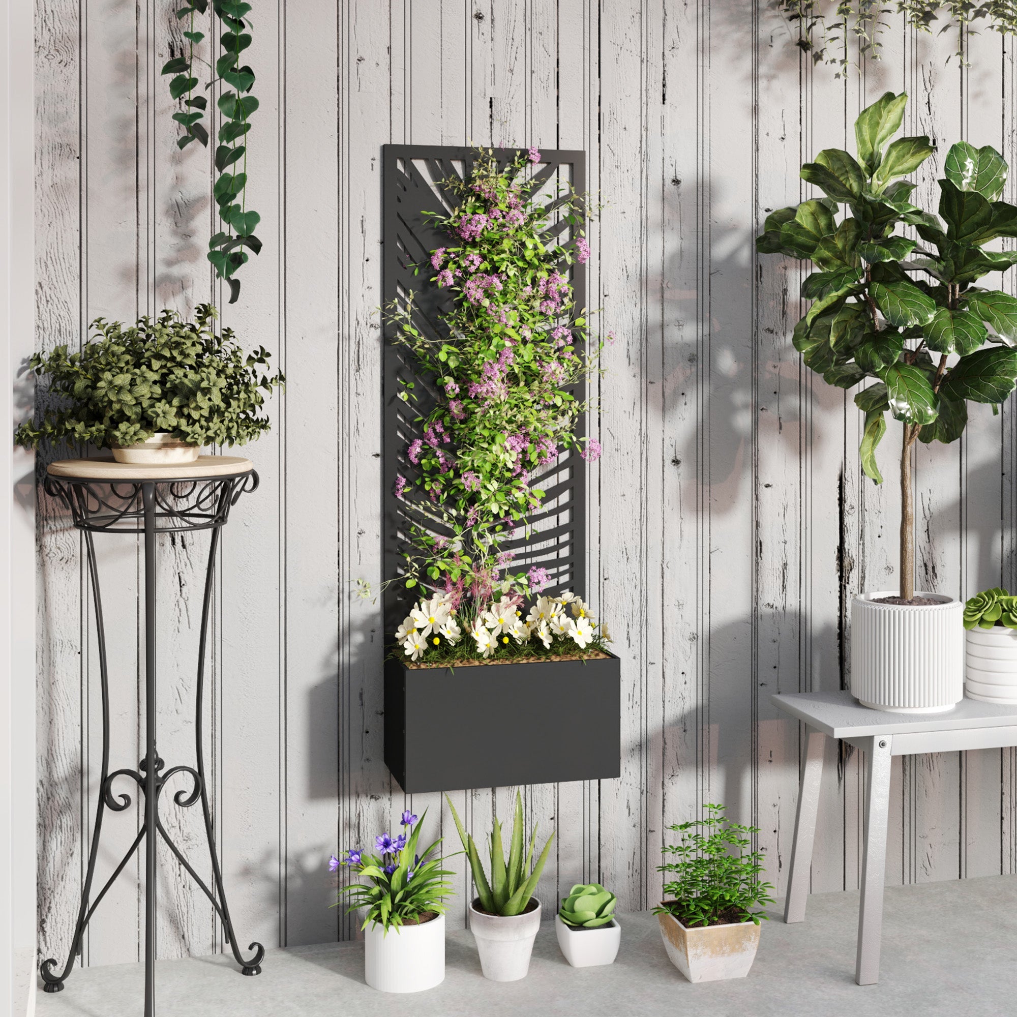 Outsunny Raised Garden Bed with Outdoor Privacy Screen, Metal Planter Box with Trellis, Wall-Mounted or Freestanding, Black 