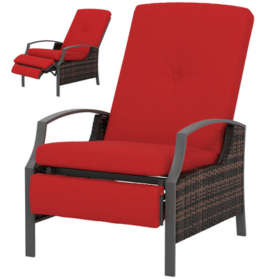 Outsunny Outdoor Rattan Recliner Chair, Wicker Reclining Chair with Adjustable Back Retractable Footrest Cushion Wine Red 