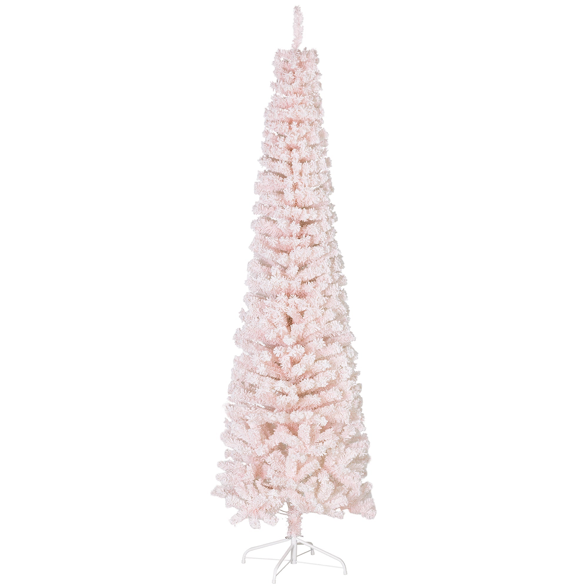 HOMCOM 7.5ft Flocked Christmas Tree, Pencil Christmas Tree with Realistic Branch Tips, Folding Metal Stand, Pink 