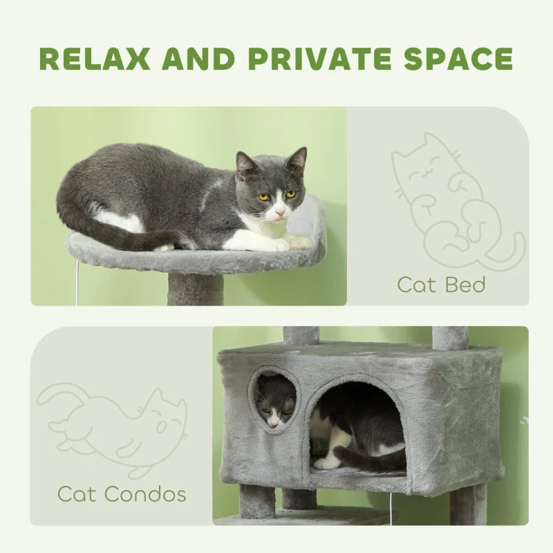 54" Cat Tree, Multi-Level Cat Tower with Scratching Posts, Cat Condos, Bed, Platforms, Ramp, Toy Ball, Light Grey