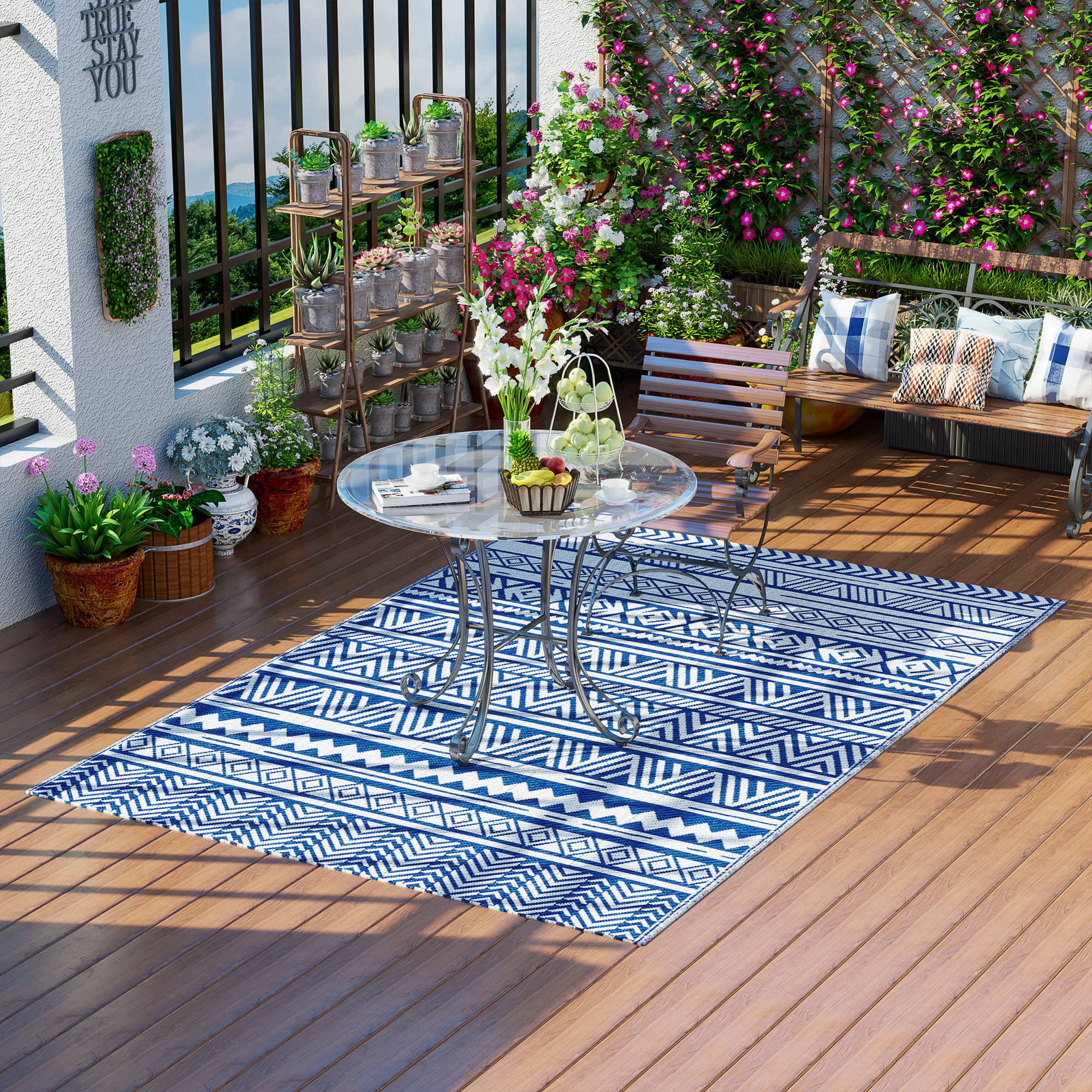 Outsunny Reversible Outdoor Rug, Patio Floor Mat, 6' x 9' Plastic Rug for Backyard, Deck, Beach, Camping, Dark Blue and White 