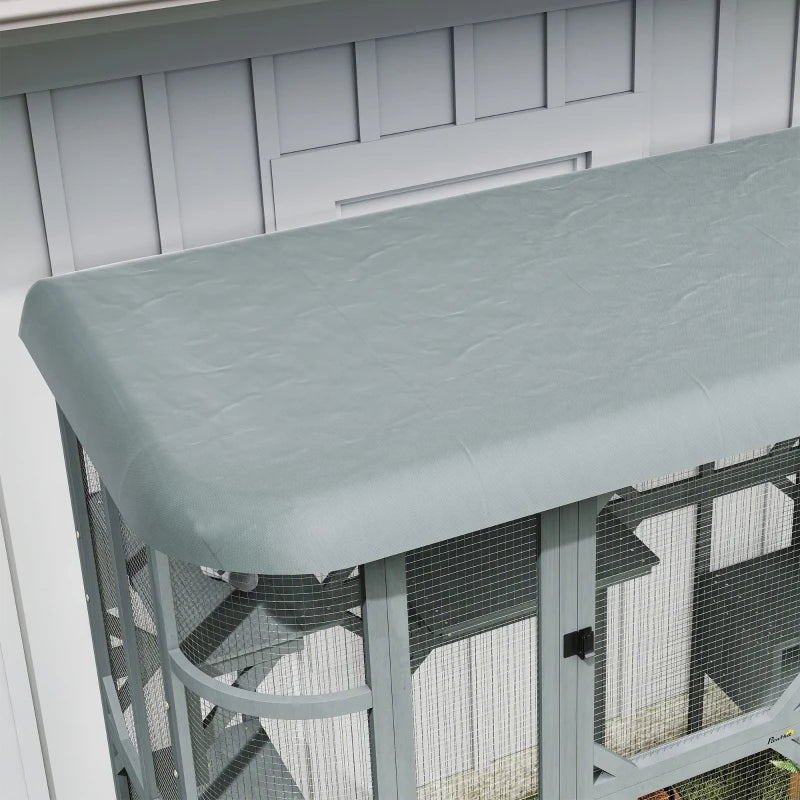 Catio Outdoor Cat Enclosure, 71" Wooden Cat House with Platforms, Condos and Waterproof Cover for 2–3 Kittens, Grey
