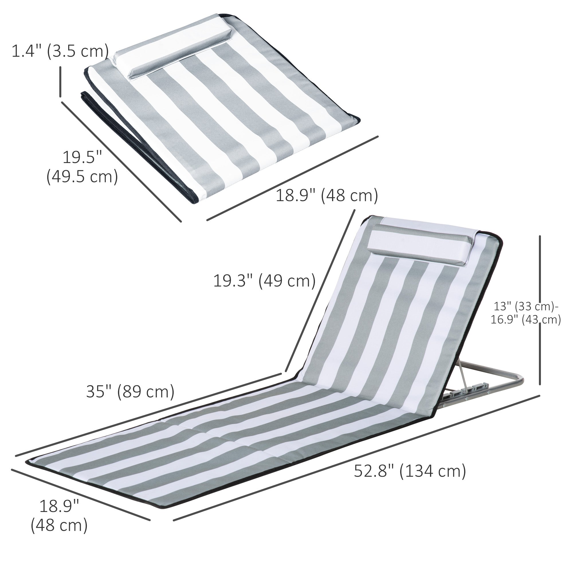 Outsunny 2 Pieces Beach Lounge Chair, Outdoor Folding Chaise Lounge Set w/ Pillow for Sunbath, Snap, Light Grey and White 