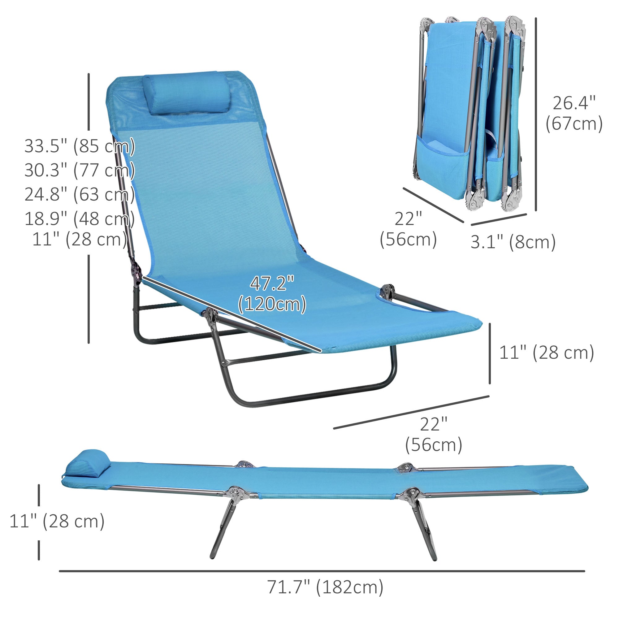 Outsunny Poolside Relaxation: Folding Chaise Lounge Chairs Set of 2, Outdoor Sun Tanning with Pillow, Reclining Backrest, Blue Tone 