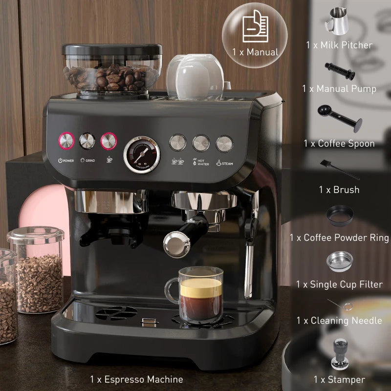 Espresso Machine, 15 Bar Barista Coffee Maker with Milk Frother, Fast Heating, Grinder for Espresso, Latte, Cappuccino