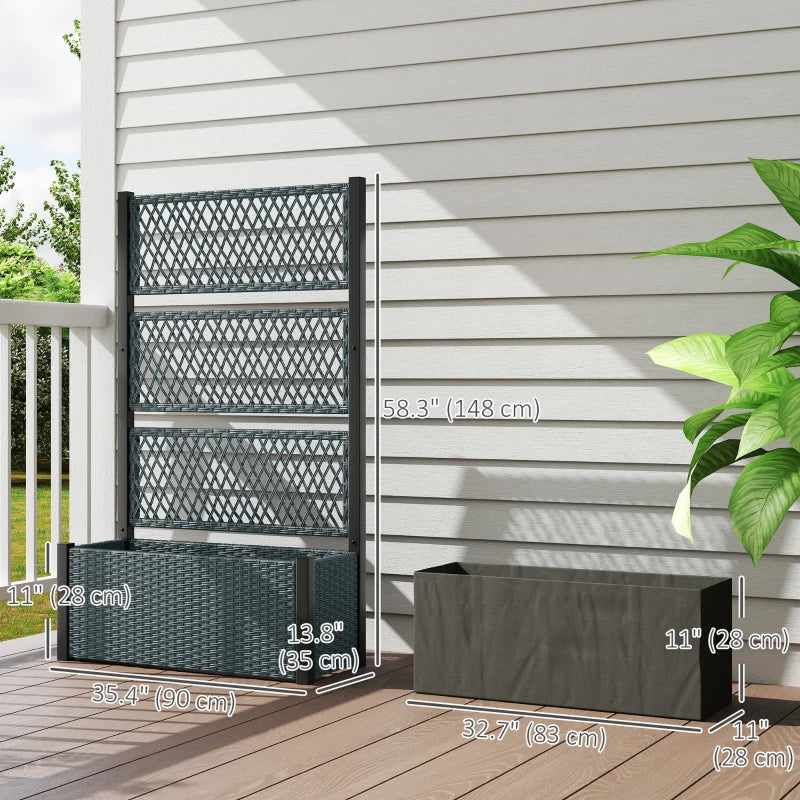 Wicker Outdoor Planter with Trellis, 58" Standing Garden Bed with Liner, Drainage Holes for Climbing Plants, Dark Grey