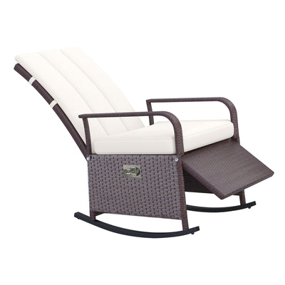Outsunny Wicker Rocking Chair Outdoor with Cushion PE Rattan Recliner Adjustable Footrest Cream White 
