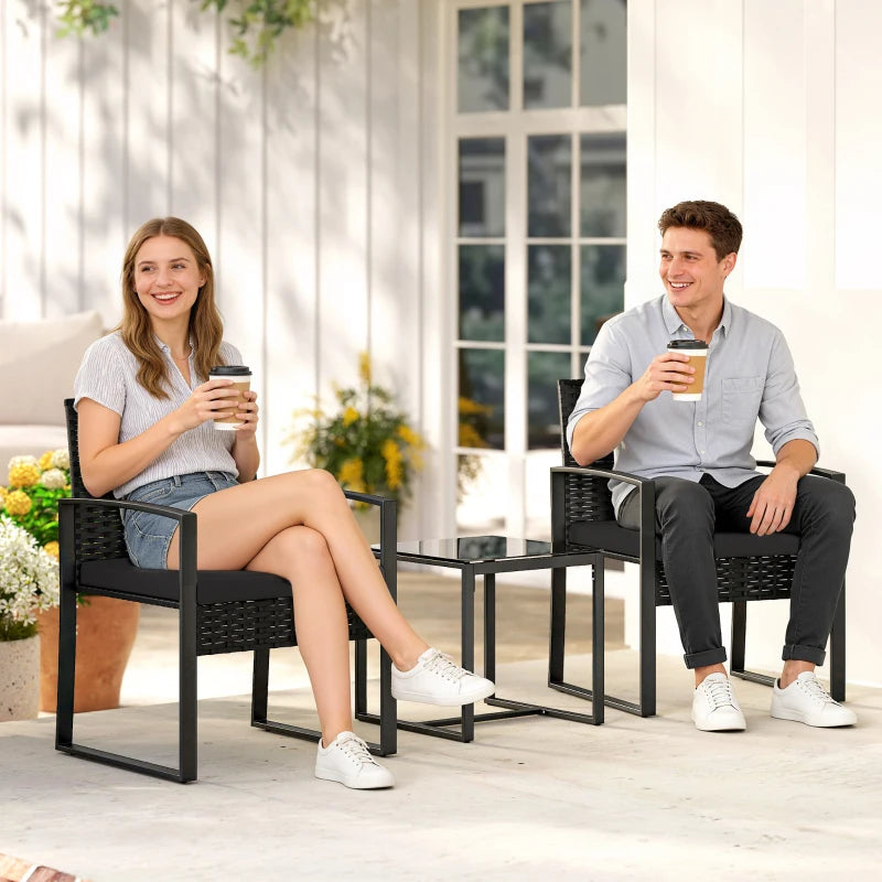 Outdoor Bistro Set, 3 Piece Wicker Patio Furniture Set with Glass Top Table and Cushions for Porch, Balcony, Black