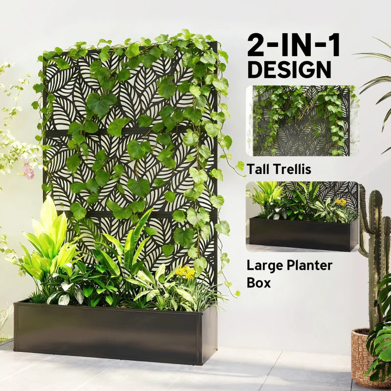 Metal Planter Box with Trellis, 70" Raised Garden Bed with Trellis Privacy Screen for Climbing Plants, Leaves Cut-Out