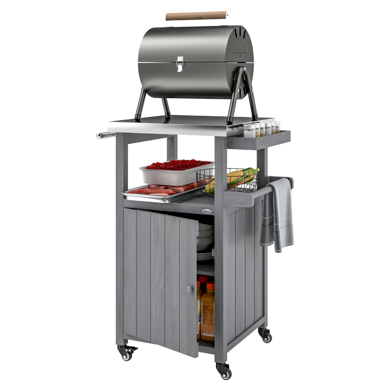 Grill Table with Stainless Steel Top, Pizza Oven Table with Storage Cabinet, Spice Rack, Wheels, Handle, Dark Grey
