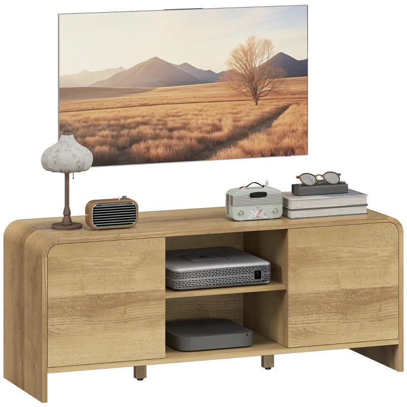 TV Stand for up to 55 Inch TV, Nordic Entertainment Center with 2 Cabinets and 2 Open Shelves for Living Room, Natural Wood