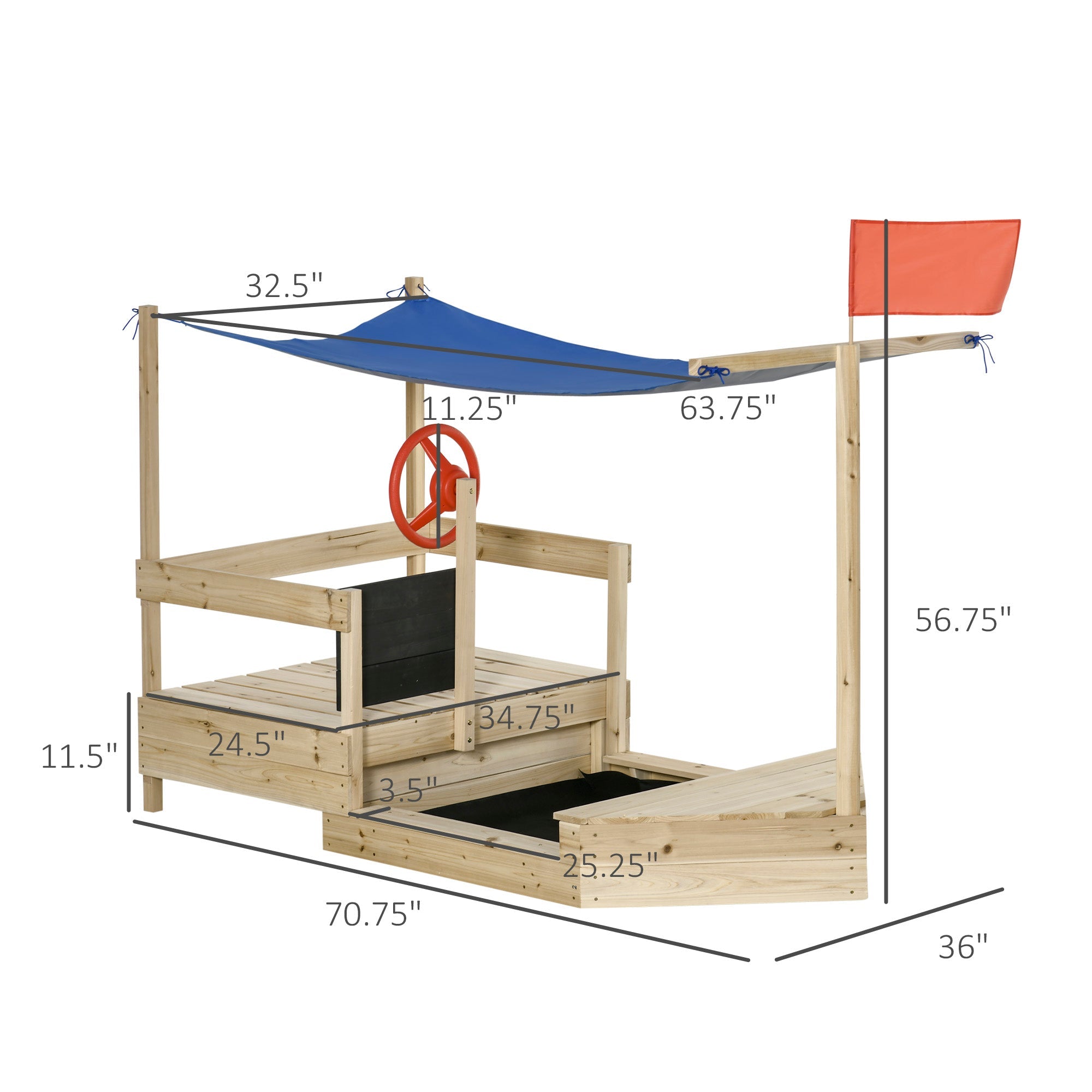 Outsunny Wooden Sandbox for Kids Outdoor Sand Boat with Cover Foldable Play Station Natural Wood Finish 