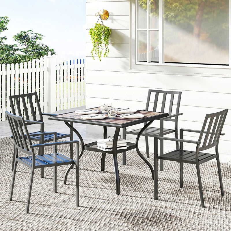 Outdoor Dining Table for 4, Square Patio Table with Umbrella Hole, Shelf, Faux Wood Top for Garden, Backyard, Grey