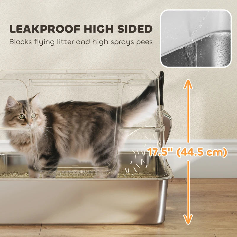 XL Stainless Steel Litter Box w/ 100° Flip Top, Scoop, Side Top Dual Entry, Odor Free, Easy Cleaning, Anti Leakage