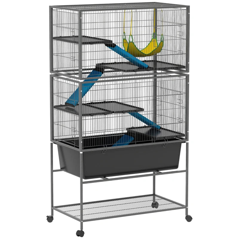59" 5-Level Small Animal Cage, Rolling Ferret Cage with 6.3" Deep Tray, Non-Slip Cloth Covered Ramps, Hammock, Dark Grey