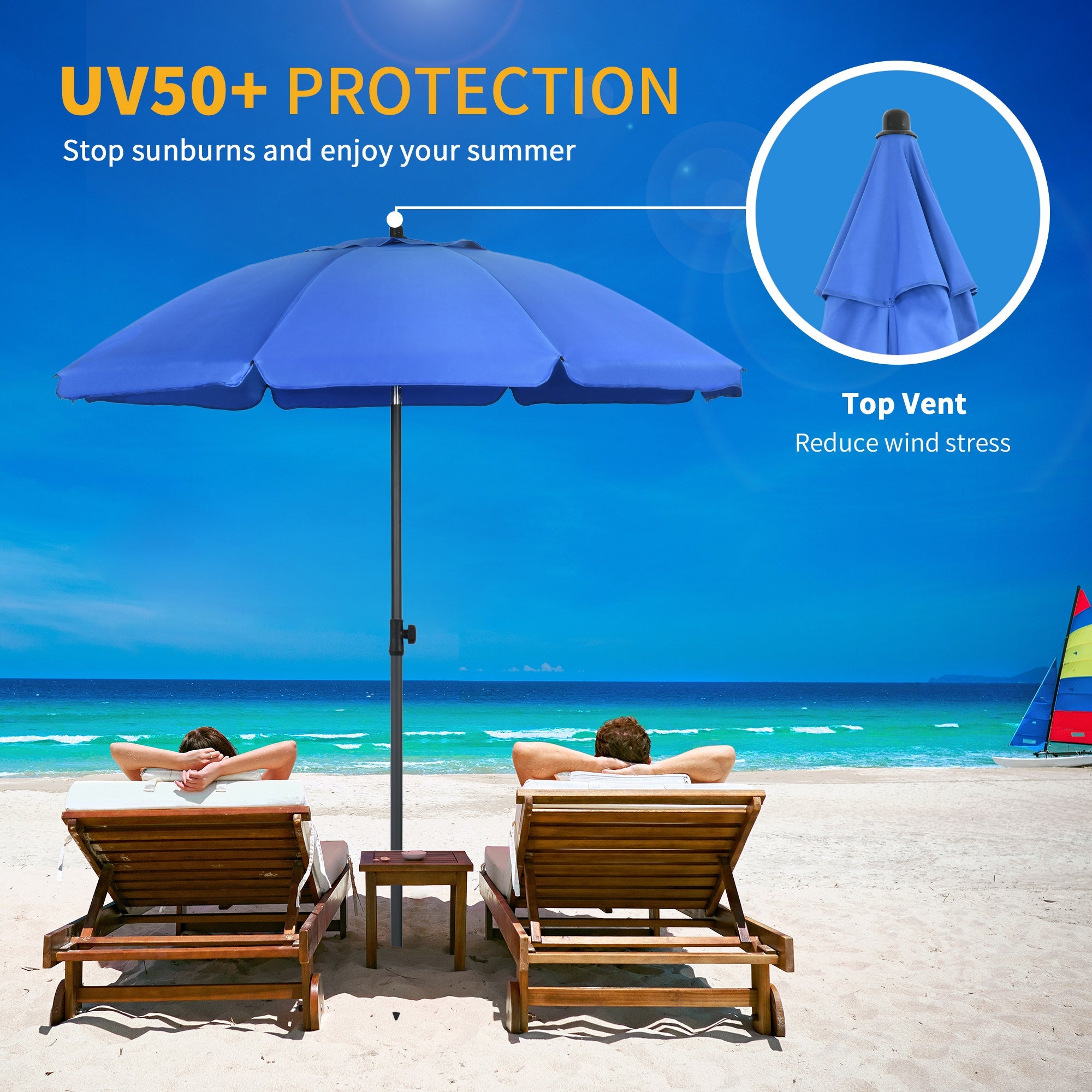 Outsunny 6FT Portable Beach Umbrella: UV50+ Vented 45° Tilt Adjustable Sun Shade Poolside Blue 