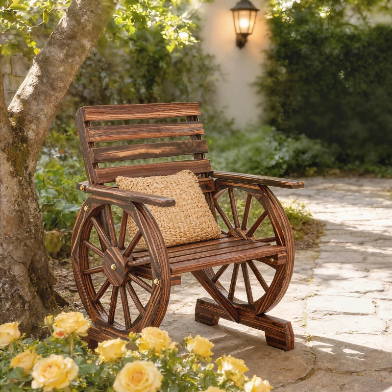 Wood Outdoor Patio Chair, Lounge Chair with Wagon Wheel Armrests, Slatted Wide Seat, Slanted Backrest, Carbonized