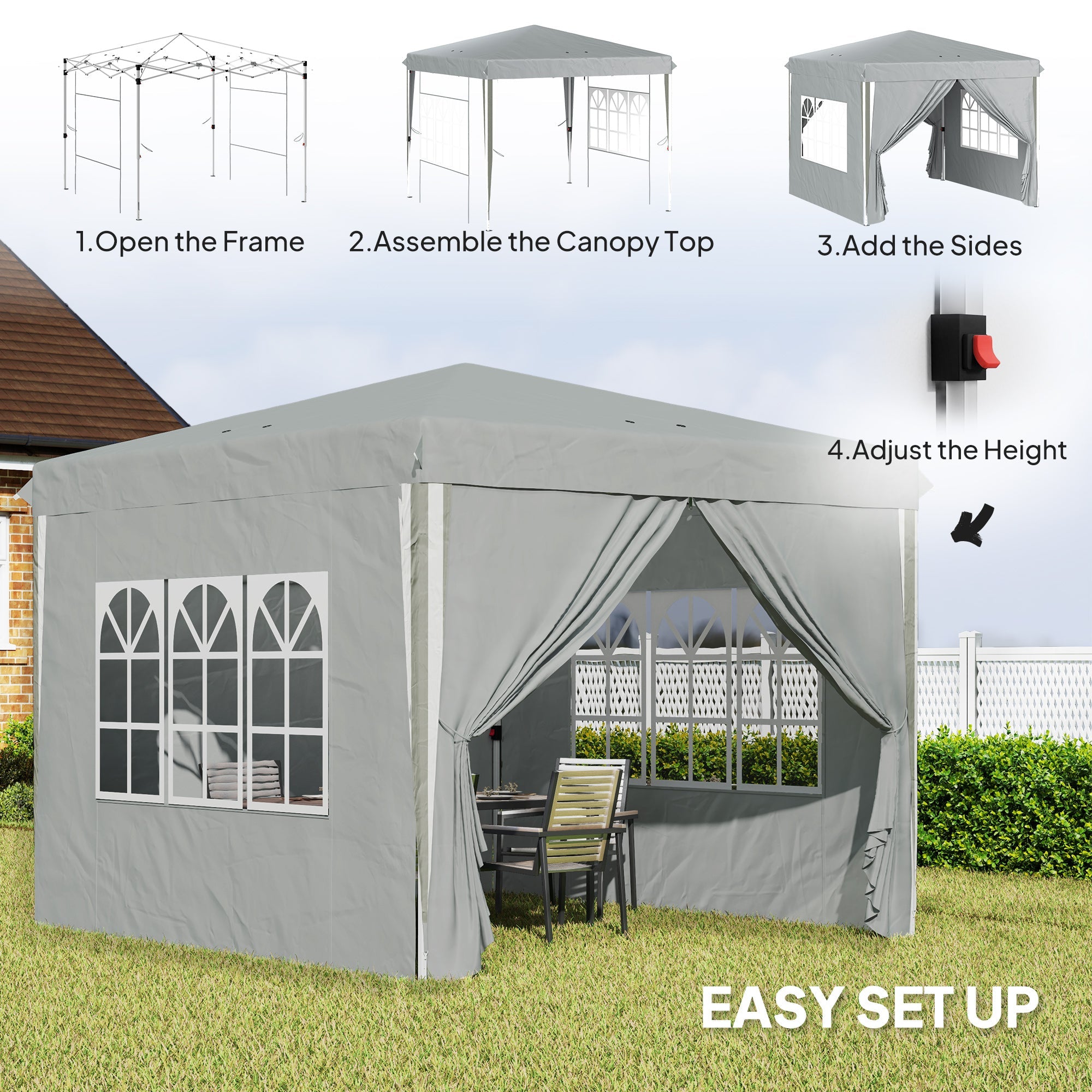 Outsunny 10' x 10' Pop-Up Canopy Tent with Sidewalls, Height-Adjustable, Carry Bag Included, for Outdoor, Garden, Patio, Light Grey 