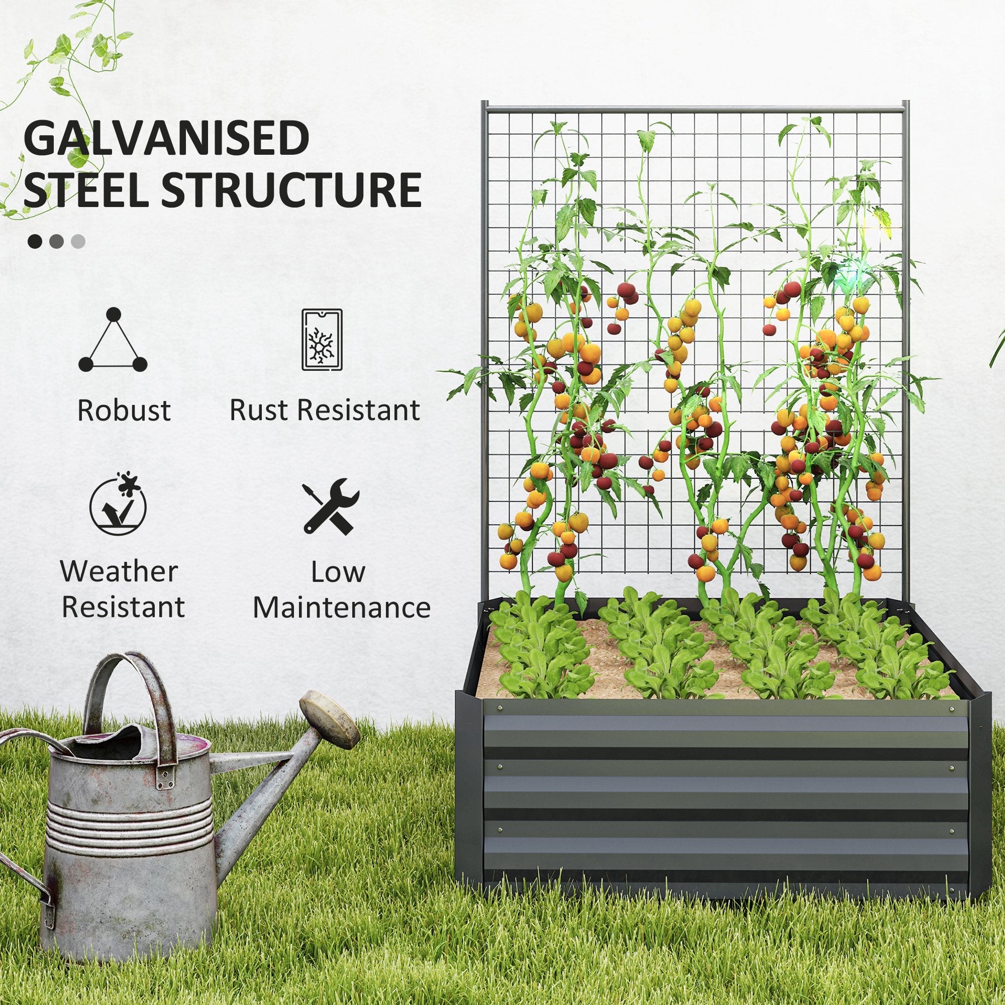 Outsunny Galvanized Raised Garden Bed with Trellis for Climbing Plants, Outdoor Planter Box with Open Bottom, Dark Grey 