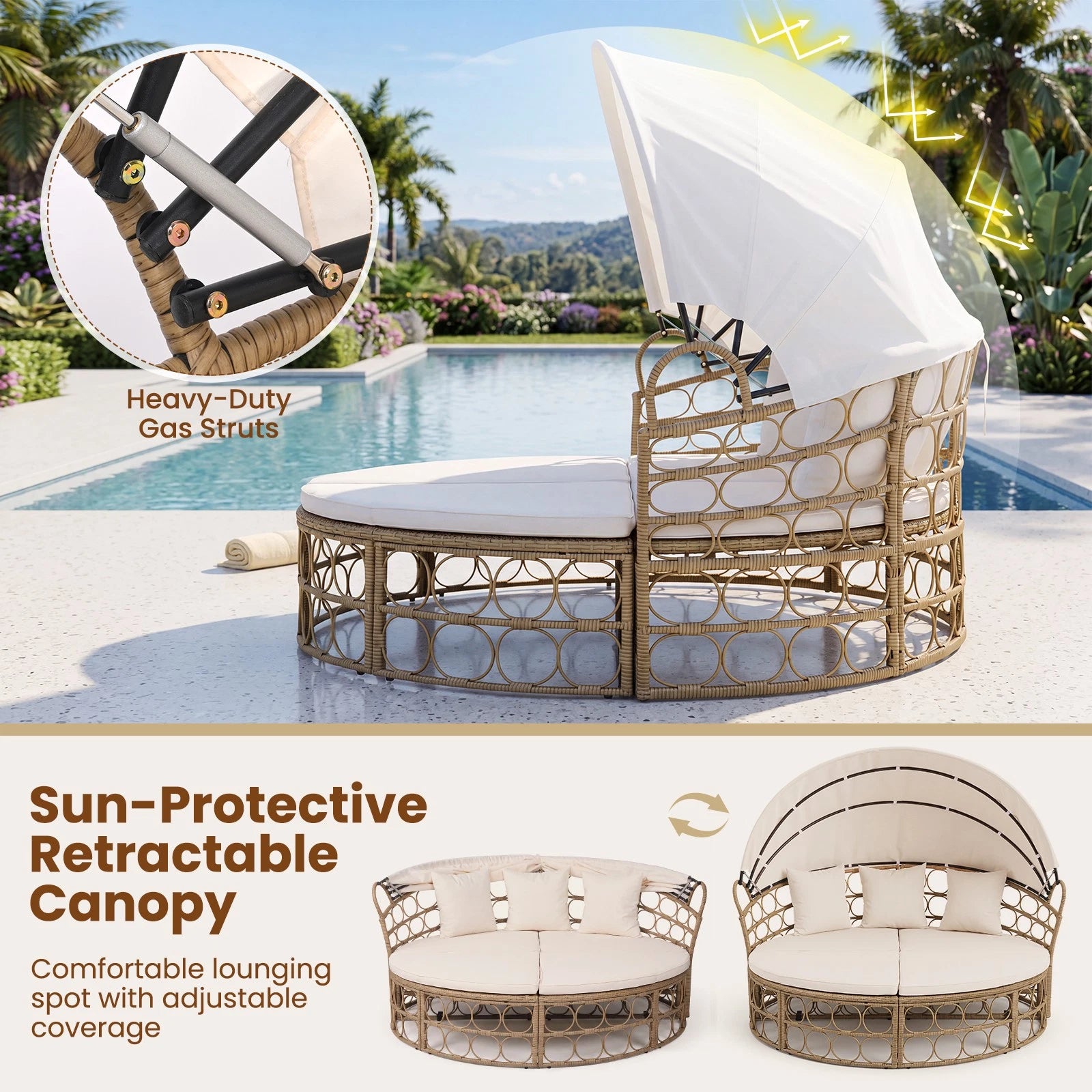 Outdoor Patio Daybed with Retractable Canopy & Cushions – Round Sectional Wicker Lounge