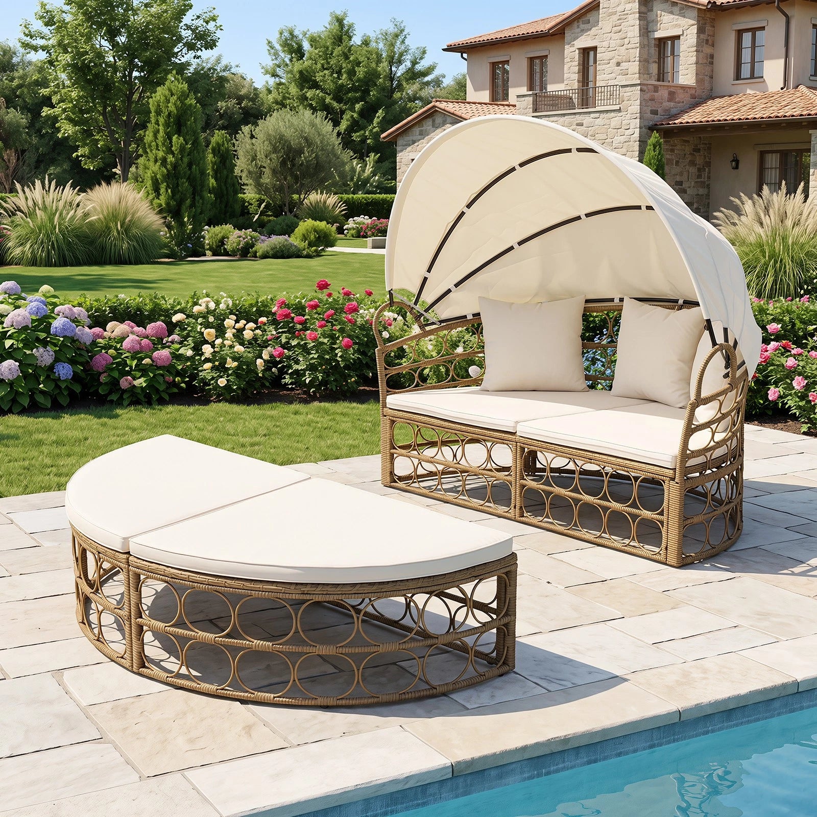 Outdoor Patio Daybed with Retractable Canopy & Cushions – Round Sectional Wicker Lounge