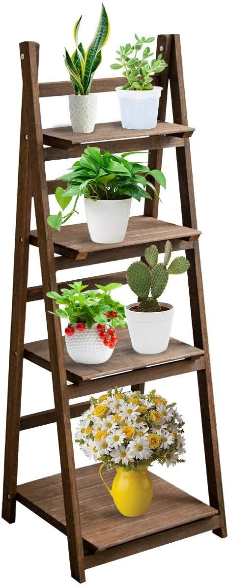 4-Tier Folding Plant Stand, Solid Wood Ladder Shelf Display Rack, Rustic Brown Plant Holder, Bookshelf & Decorative Storage Organizer