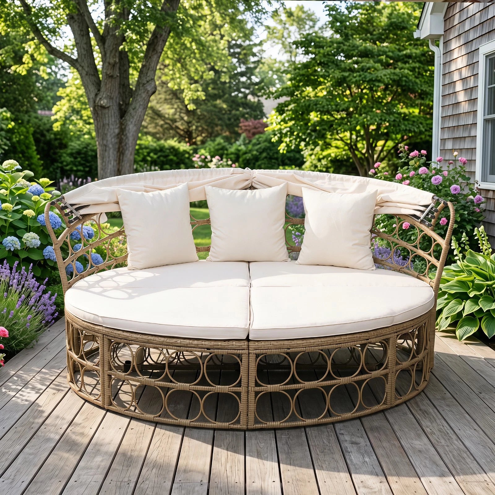 Outdoor Patio Daybed with Retractable Canopy & Cushions – Round Sectional Wicker Lounge